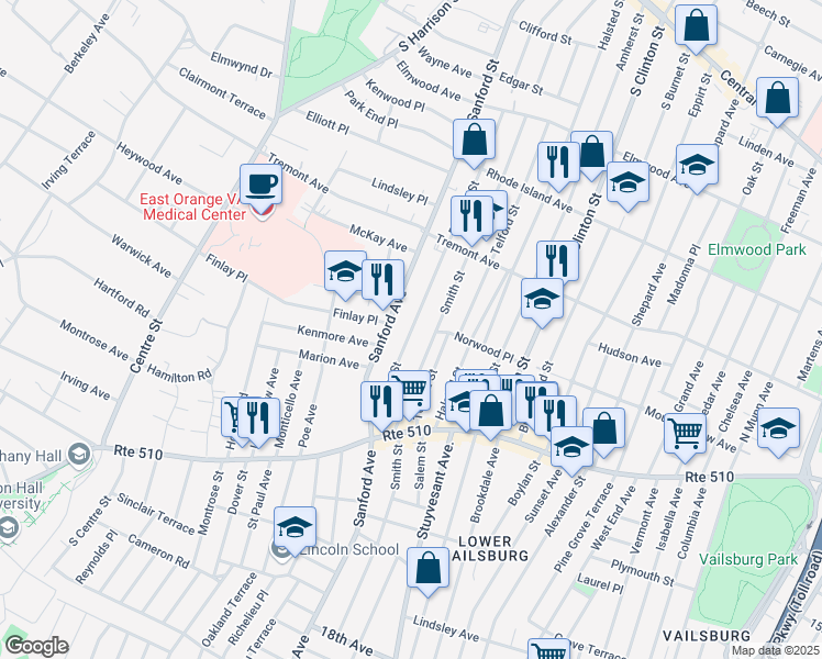 map of restaurants, bars, coffee shops, grocery stores, and more near 88 Bedford Street in Newark