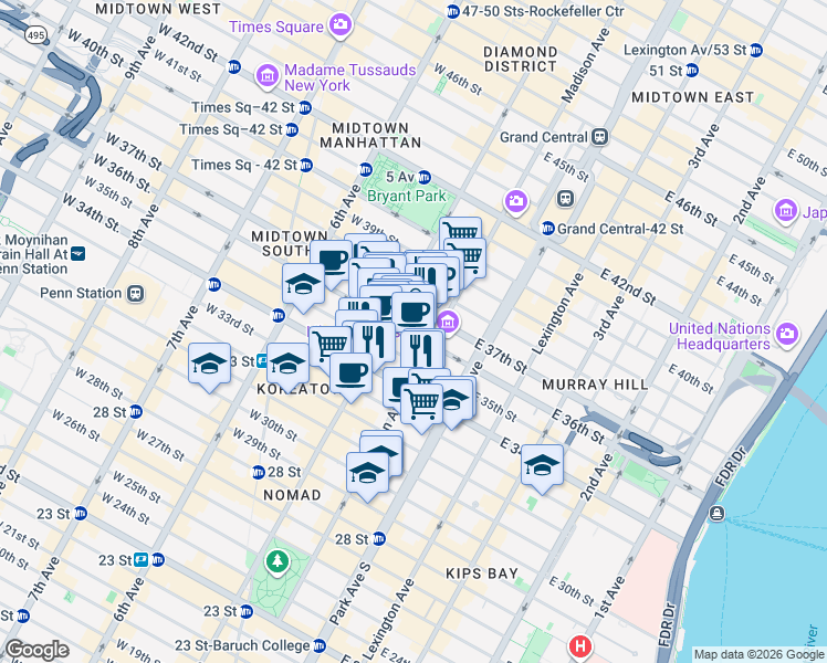 map of restaurants, bars, coffee shops, grocery stores, and more near 200 Madison Avenue in New York