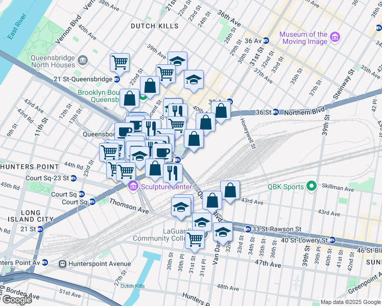 map of restaurants, bars, coffee shops, grocery stores, and more near 29-40 Northern Boulevard in Queens