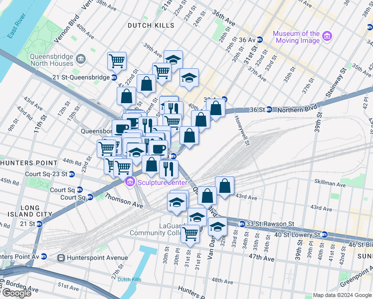 map of restaurants, bars, coffee shops, grocery stores, and more near 29-40 Northern Boulevard in Queens