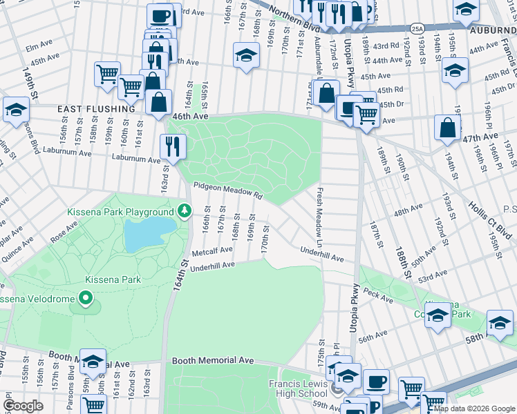 map of restaurants, bars, coffee shops, grocery stores, and more near 47-17 169th Street in Queens