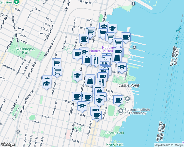 map of restaurants, bars, coffee shops, grocery stores, and more near 1000 Garden Street in Hoboken