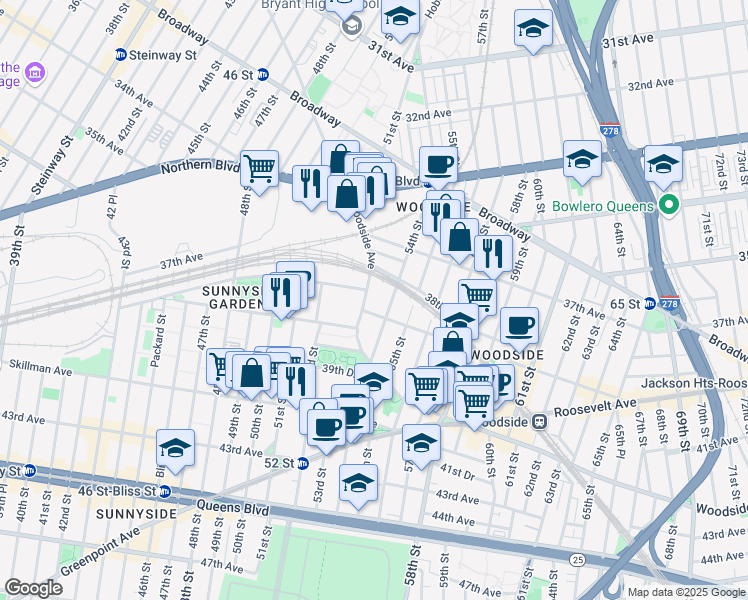 map of restaurants, bars, coffee shops, grocery stores, and more near 38-33 Woodside Avenue in Queens