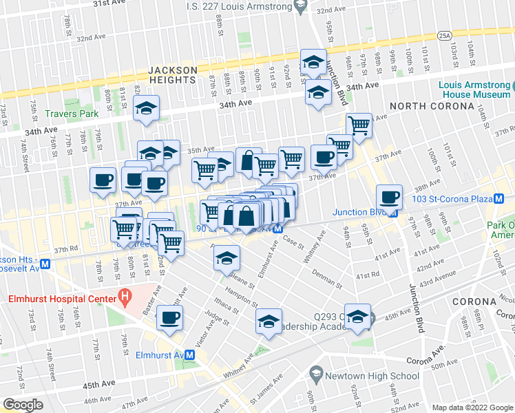map of restaurants, bars, coffee shops, grocery stores, and more near 37-43 88th Street in Queens