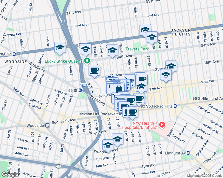 map of restaurants, bars, coffee shops, grocery stores, and more near 72-25 37th Avenue in Queens