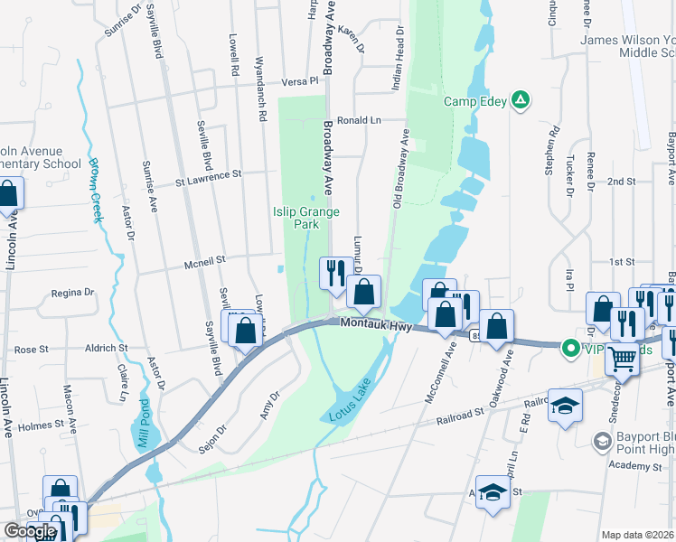 map of restaurants, bars, coffee shops, grocery stores, and more near 43 Broadway Avenue in Sayville
