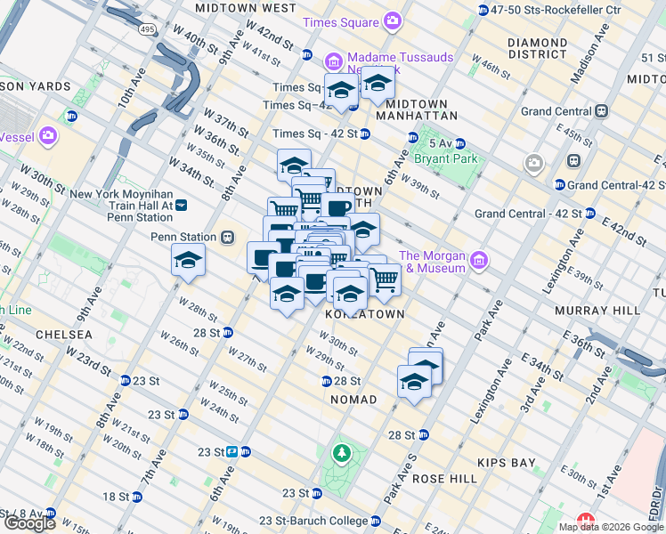 map of restaurants, bars, coffee shops, grocery stores, and more near 1311 Broadway in New York