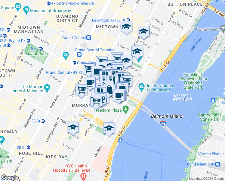 map of restaurants, bars, coffee shops, grocery stores, and more near 300 East 42nd Street in New York