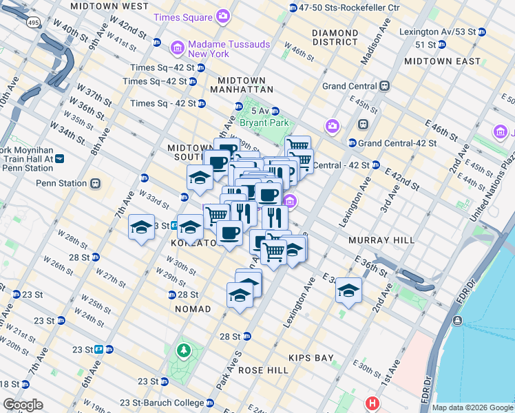 map of restaurants, bars, coffee shops, grocery stores, and more near 385 5th Avenue in New York