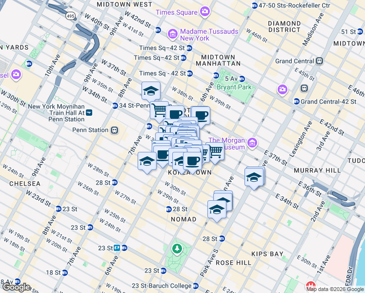 map of restaurants, bars, coffee shops, grocery stores, and more near 50 West 34th Street in New York