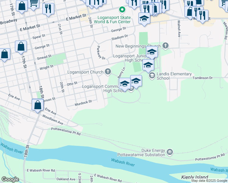 map of restaurants, bars, coffee shops, grocery stores, and more near 2500 Hopper Street in Logansport