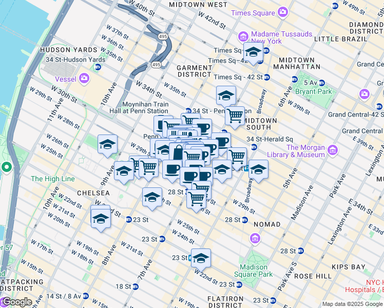 map of restaurants, bars, coffee shops, grocery stores, and more near 220 West 31st Street in New York