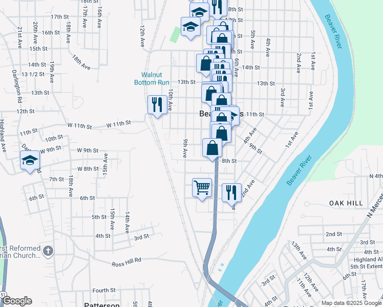 map of restaurants, bars, coffee shops, grocery stores, and more near 811 Gertrude Street in Beaver Falls
