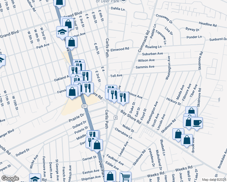 map of restaurants, bars, coffee shops, grocery stores, and more near 27 County Place in Deer Park