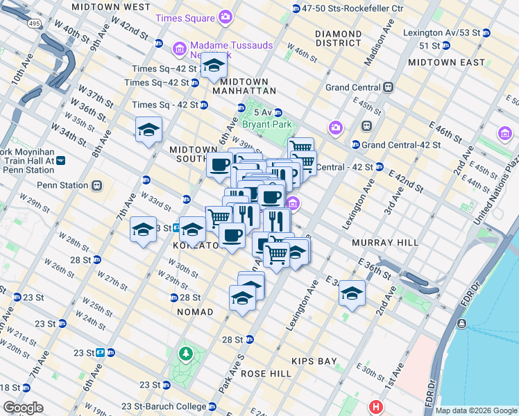 map of restaurants, bars, coffee shops, grocery stores, and more near 385 5th Avenue in New York
