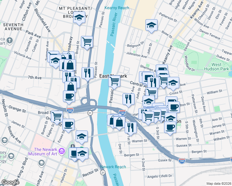 map of restaurants, bars, coffee shops, grocery stores, and more near 250 Passaic Avenue in East Newark
