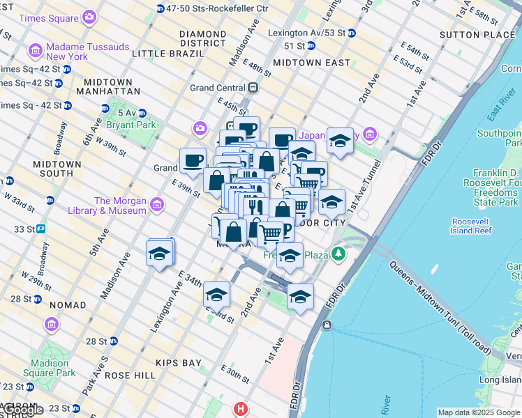 map of restaurants, bars, coffee shops, grocery stores, and more near 619 3rd Avenue in New York