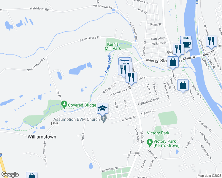 map of restaurants, bars, coffee shops, grocery stores, and more near 457 West Church Street in Slatington