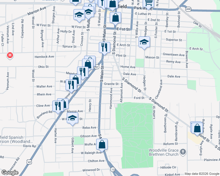 map of restaurants, bars, coffee shops, grocery stores, and more near 316 Hammond Avenue in Mansfield