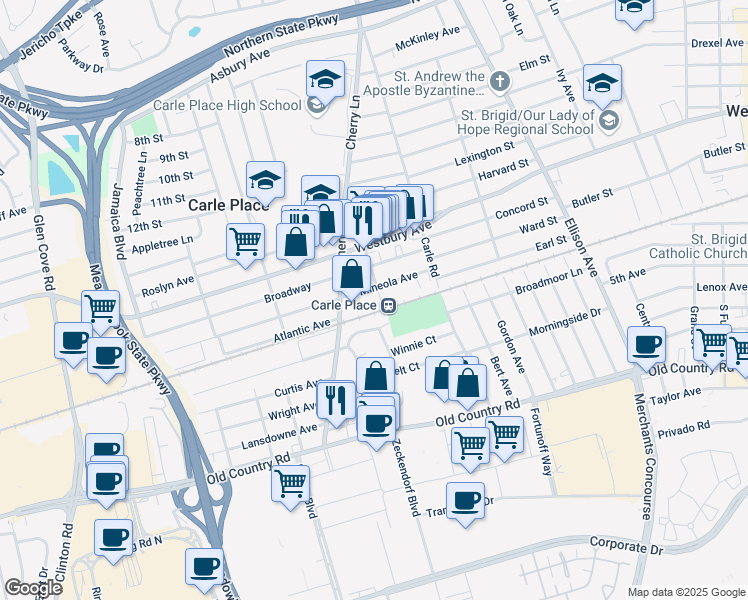 map of restaurants, bars, coffee shops, grocery stores, and more near in Carle Place