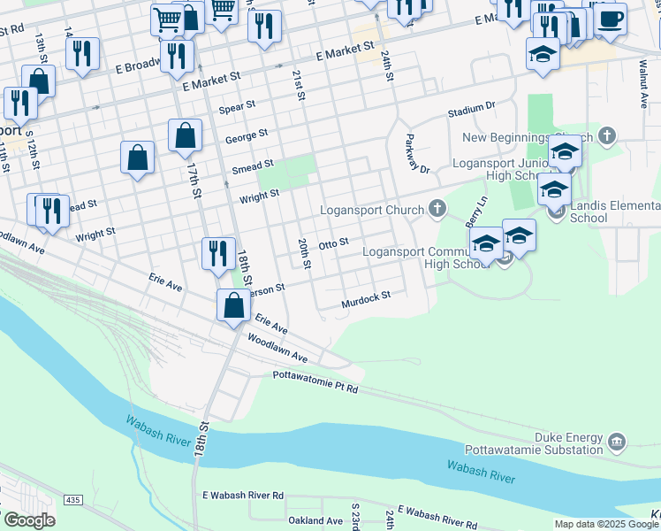 map of restaurants, bars, coffee shops, grocery stores, and more near 2053-2099 Jefferson Street in Logansport