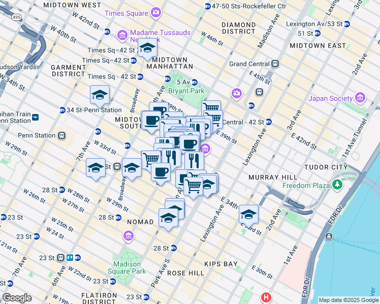 map of restaurants, bars, coffee shops, grocery stores, and more near in New York