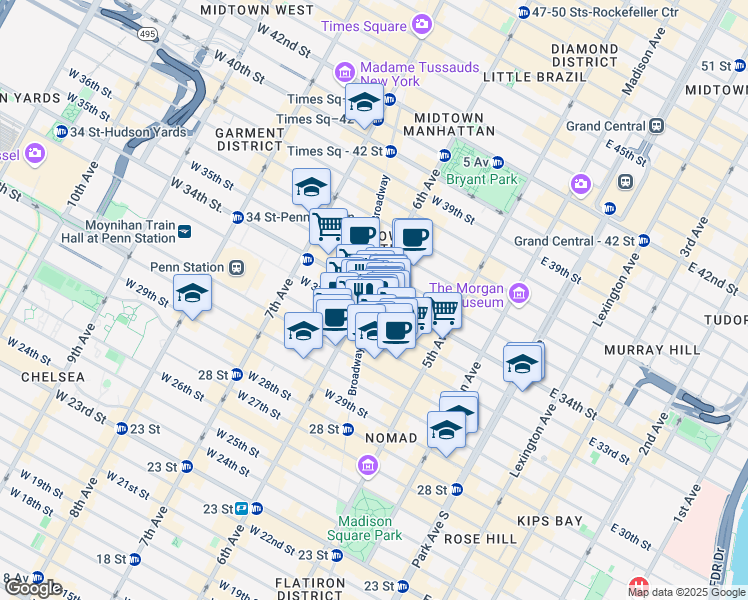 map of restaurants, bars, coffee shops, grocery stores, and more near 60 West 34th Street in New York