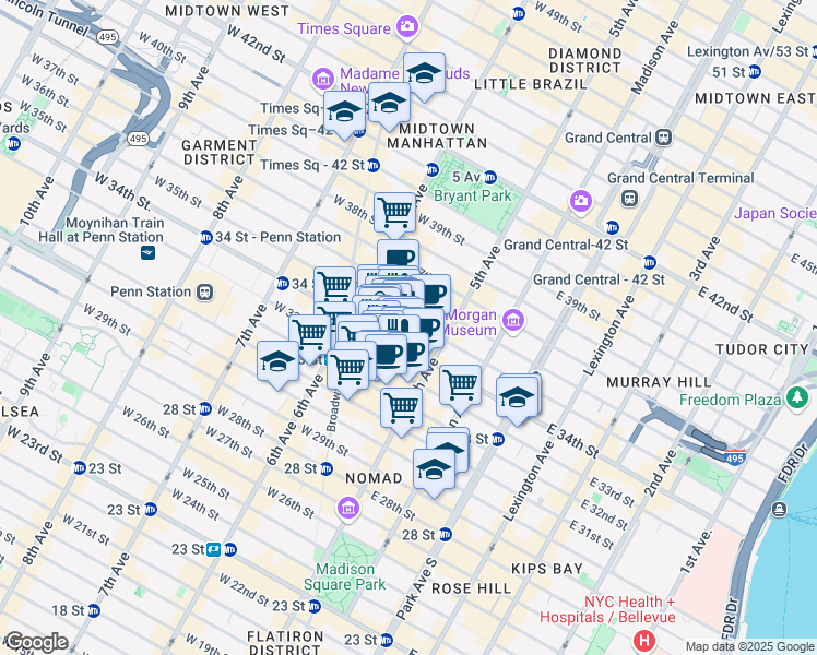 map of restaurants, bars, coffee shops, grocery stores, and more near 20 West 35th Street in New York