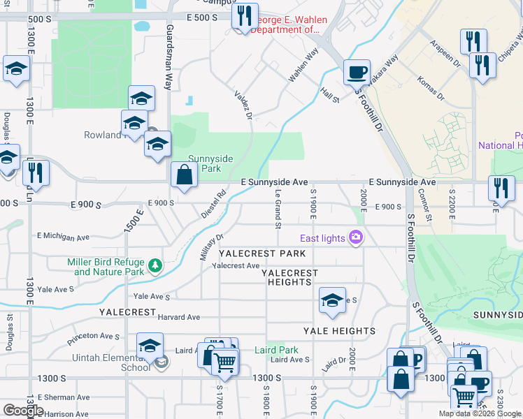 map of restaurants, bars, coffee shops, grocery stores, and more near 1775 East Hubbard Avenue in Salt Lake City