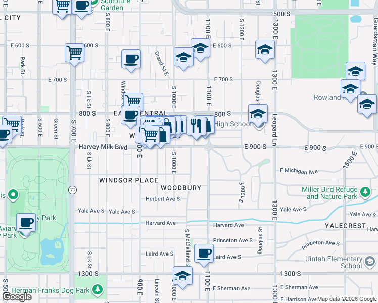 map of restaurants, bars, coffee shops, grocery stores, and more near 935 McClelland Street in Salt Lake City