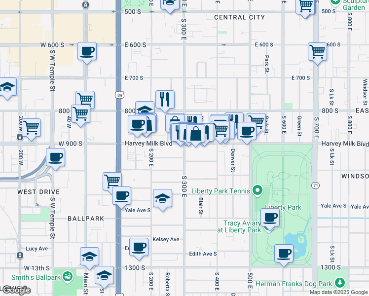 map of restaurants, bars, coffee shops, grocery stores, and more near 931 South 300 East in Salt Lake City