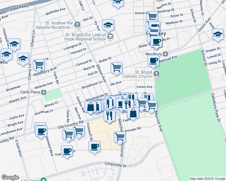 map of restaurants, bars, coffee shops, grocery stores, and more near 49 Central Avenue in Westbury