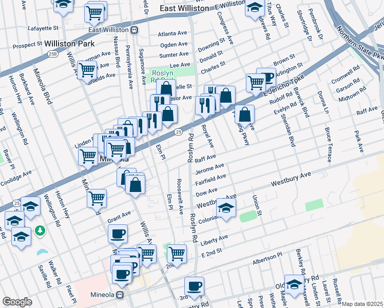 map of restaurants, bars, coffee shops, grocery stores, and more near 20 Jackson Avenue in Mineola