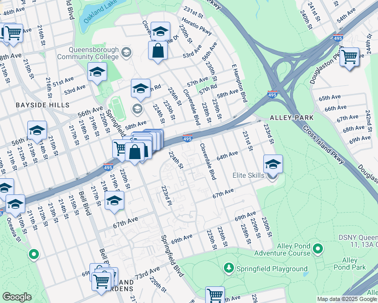 map of restaurants, bars, coffee shops, grocery stores, and more near 224-33 64th Avenue in Queens