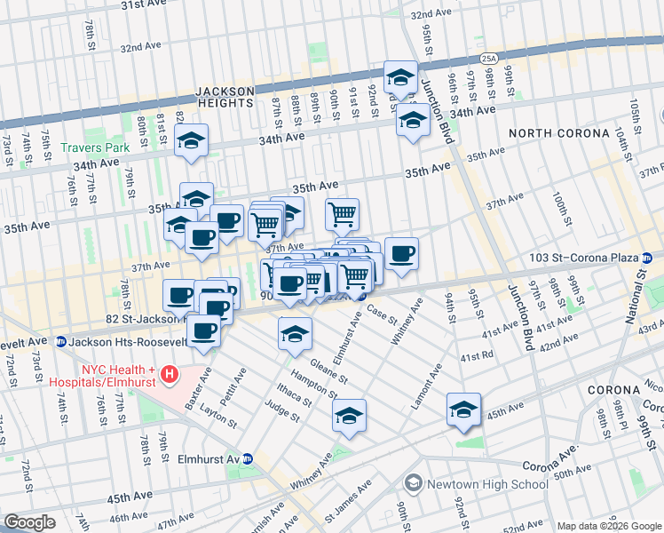map of restaurants, bars, coffee shops, grocery stores, and more near 37-43 88th Street in Queens
