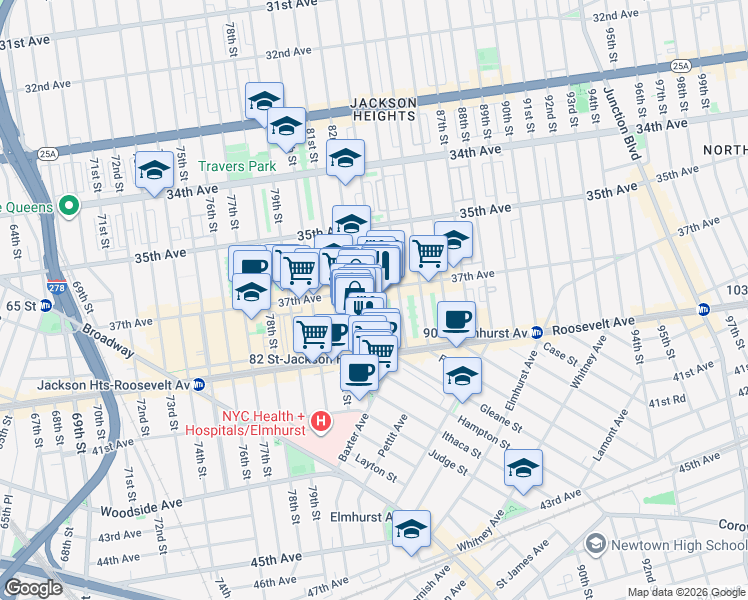 map of restaurants, bars, coffee shops, grocery stores, and more near 3721 82nd Street in Queens