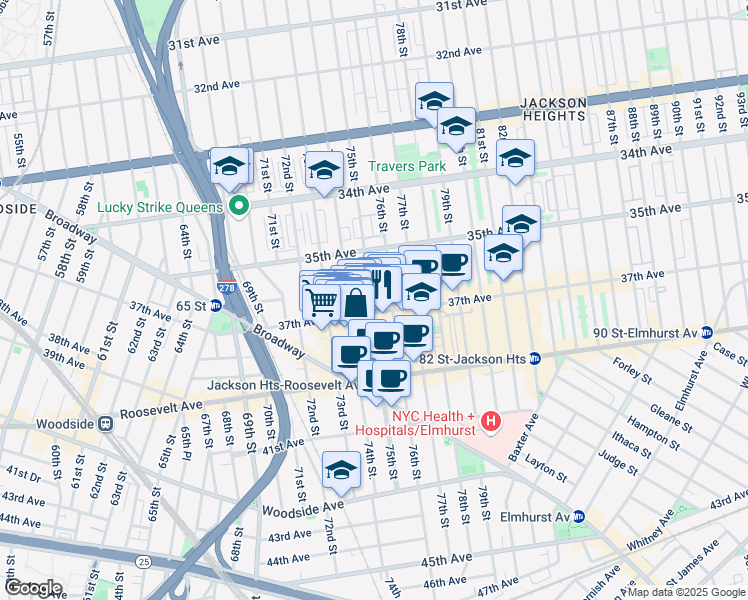 map of restaurants, bars, coffee shops, grocery stores, and more near in Queens