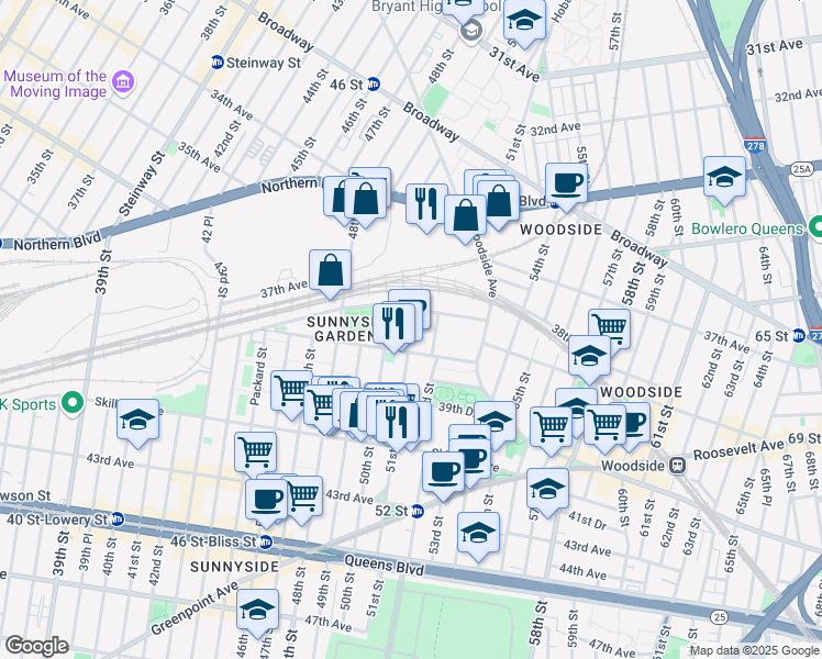 map of restaurants, bars, coffee shops, grocery stores, and more near 5101 39th Avenue in Queens
