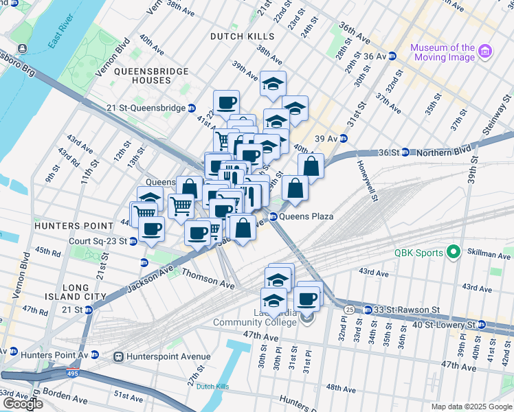 map of restaurants, bars, coffee shops, grocery stores, and more near in Queens