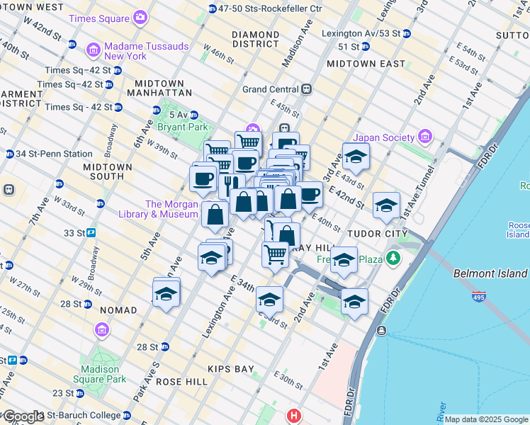 map of restaurants, bars, coffee shops, grocery stores, and more near 105 East 37th Street in New York