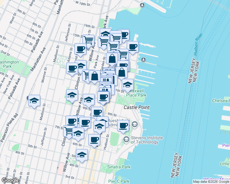 map of restaurants, bars, coffee shops, grocery stores, and more near 1014 Hudson Street in Hoboken