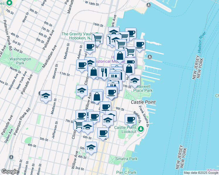 map of restaurants, bars, coffee shops, grocery stores, and more near in Hoboken