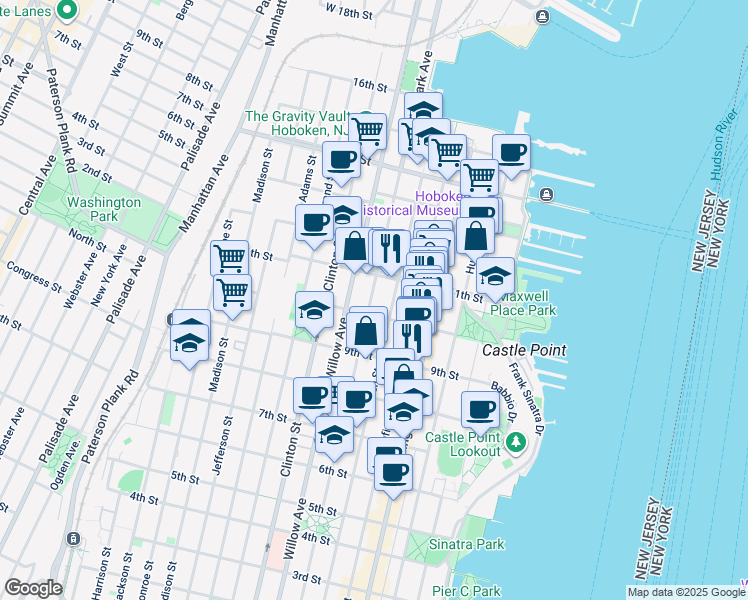 map of restaurants, bars, coffee shops, grocery stores, and more near 1000 Garden Street in Hoboken