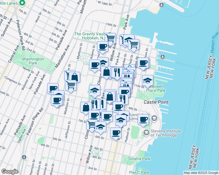 map of restaurants, bars, coffee shops, grocery stores, and more near 933 Willow Avenue in Hoboken