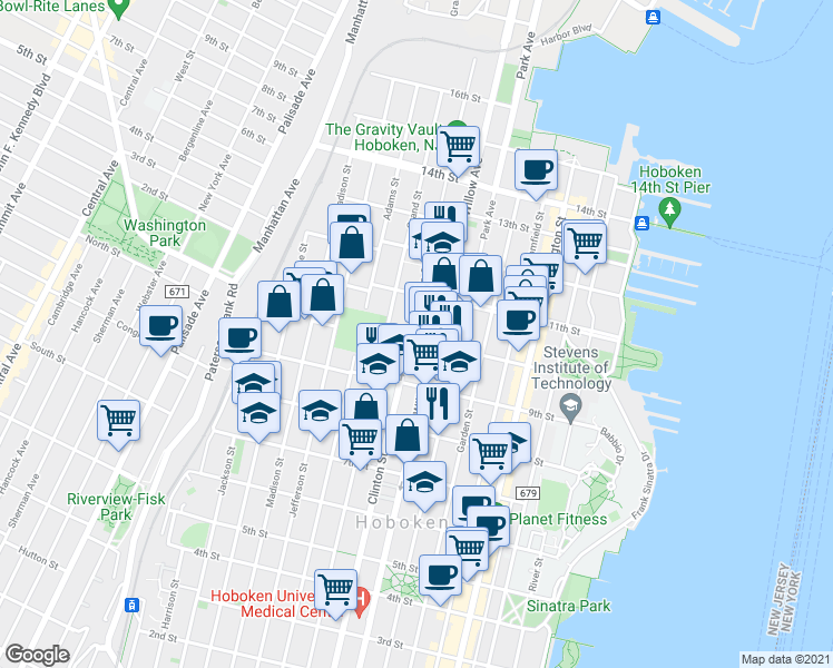 map of restaurants, bars, coffee shops, grocery stores, and more near 10th Street in Hoboken