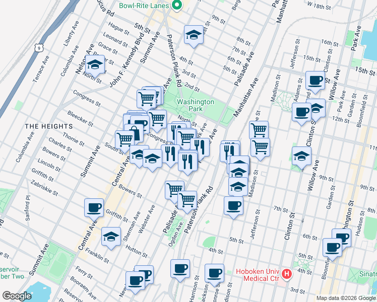 map of restaurants, bars, coffee shops, grocery stores, and more near 45 Congress Street in Jersey City