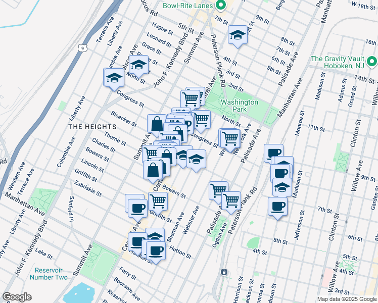 map of restaurants, bars, coffee shops, grocery stores, and more near 96 South Street in Jersey City