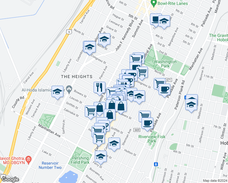 map of restaurants, bars, coffee shops, grocery stores, and more near 29 Thorne Street in Jersey City