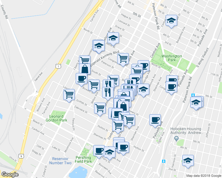 map of restaurants, bars, coffee shops, grocery stores, and more near 1009 Summit Avenue in Jersey City