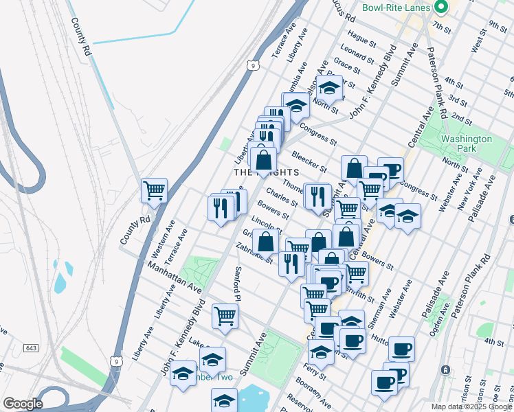 map of restaurants, bars, coffee shops, grocery stores, and more near 3418 John F. Kennedy Boulevard in Jersey City